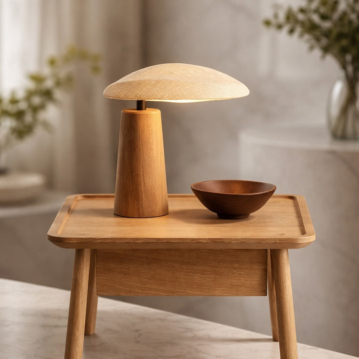 Modern Table Lamp with Natural Wood Base and Fabric Shade for Bedroom and Living Room Use