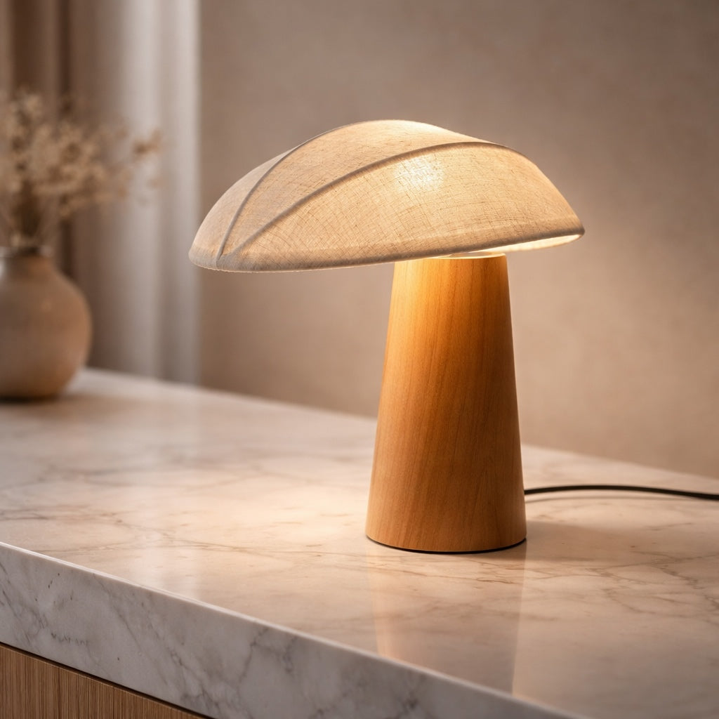 Modern Table Lamp with Natural Wood Base and Fabric Shade for Bedroom and Living Room Use