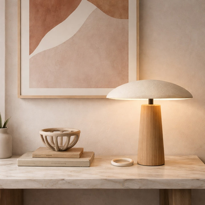 Modern Table Lamp with Natural Wood Base and Fabric Shade for Bedroom and Living Room Use