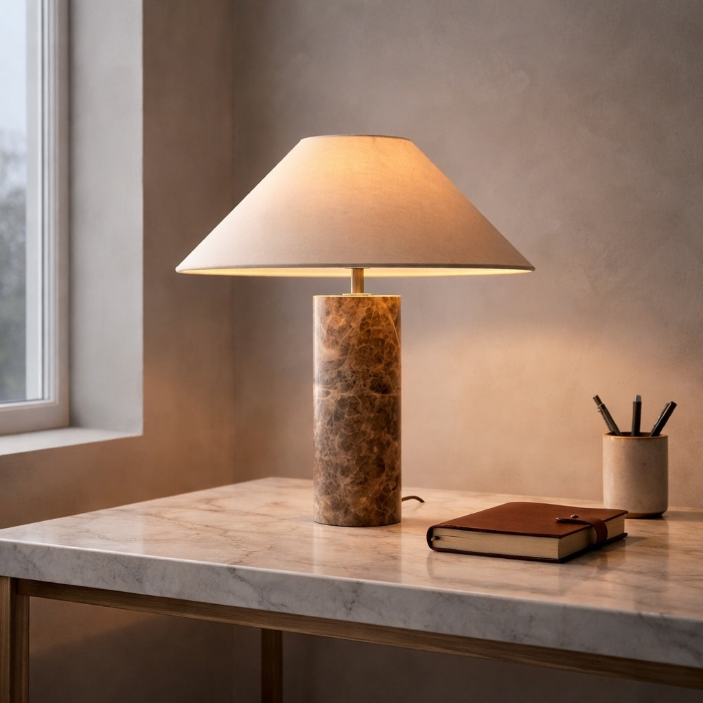 Modern Minimalist Table Lamp with Marble Base and Iron Body featuring E26 LED Bulb for Bedroom or Desk
