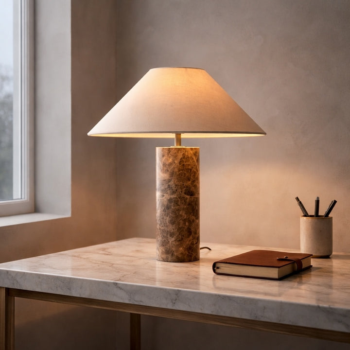 Modern Minimalist Table Lamp with Marble Base and Iron Body featuring E26 LED Bulb for Bedroom or Desk