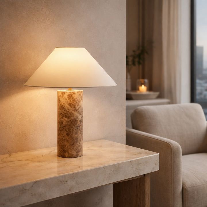 Modern Minimalist Table Lamp with Marble Base and Iron Body featuring E26 LED Bulb for Bedroom or Desk