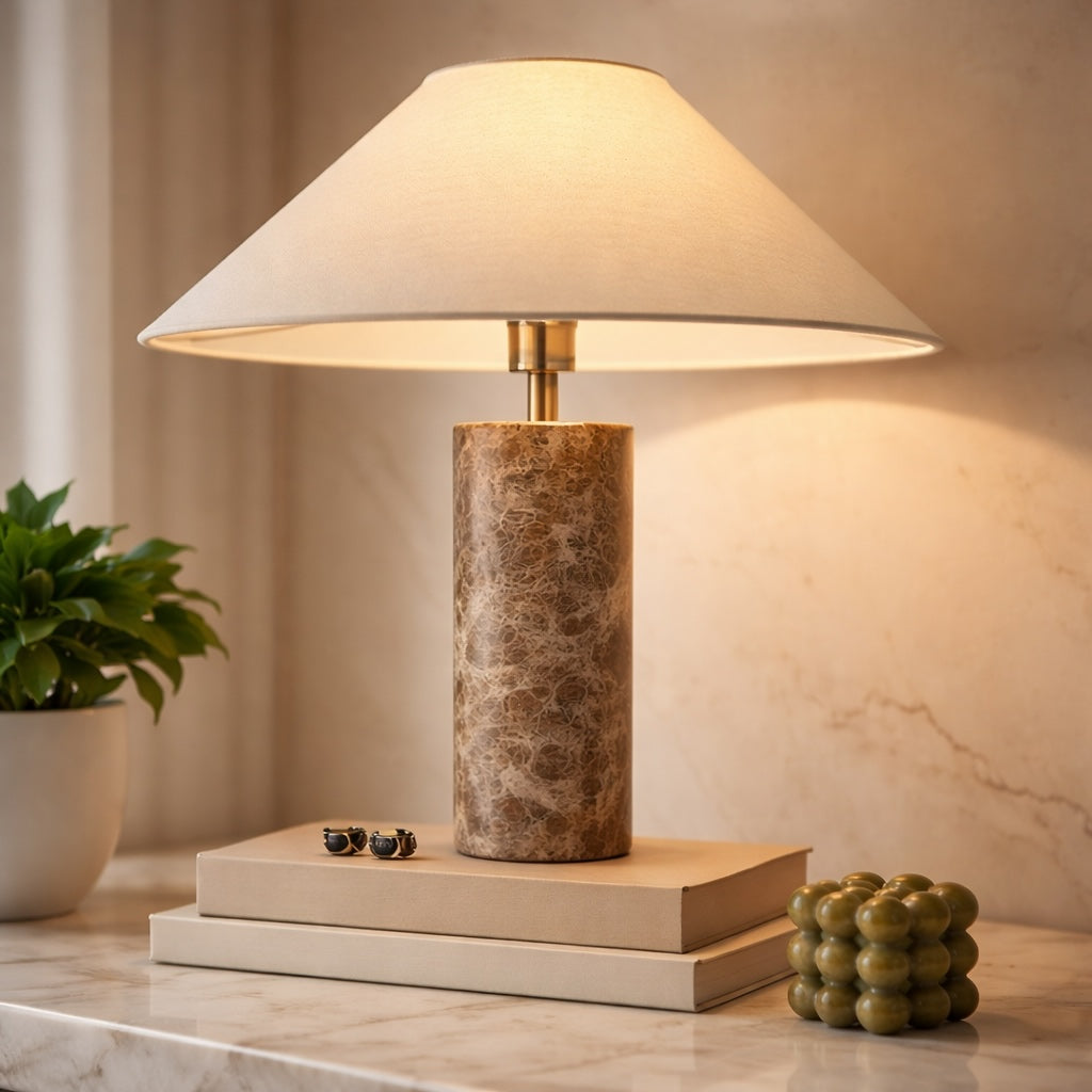 Modern Minimalist Table Lamp with Marble Base and Iron Body featuring E26 LED Bulb for Bedroom or Desk