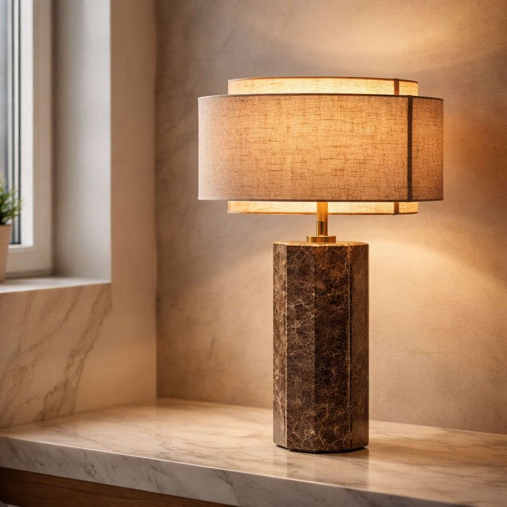 Minimalist Table Lamp with Marble Base Fabric Shade LED 3000K for Bedroom or Living Room