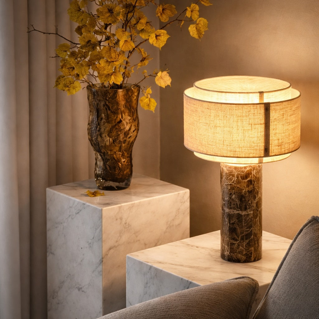 Minimalist Table Lamp with Marble Base Fabric Shade LED 3000K for Bedroom or Living Room