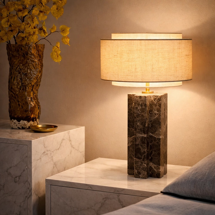 Minimalist Table Lamp with Marble Base Fabric Shade LED 3000K for Bedroom or Living Room