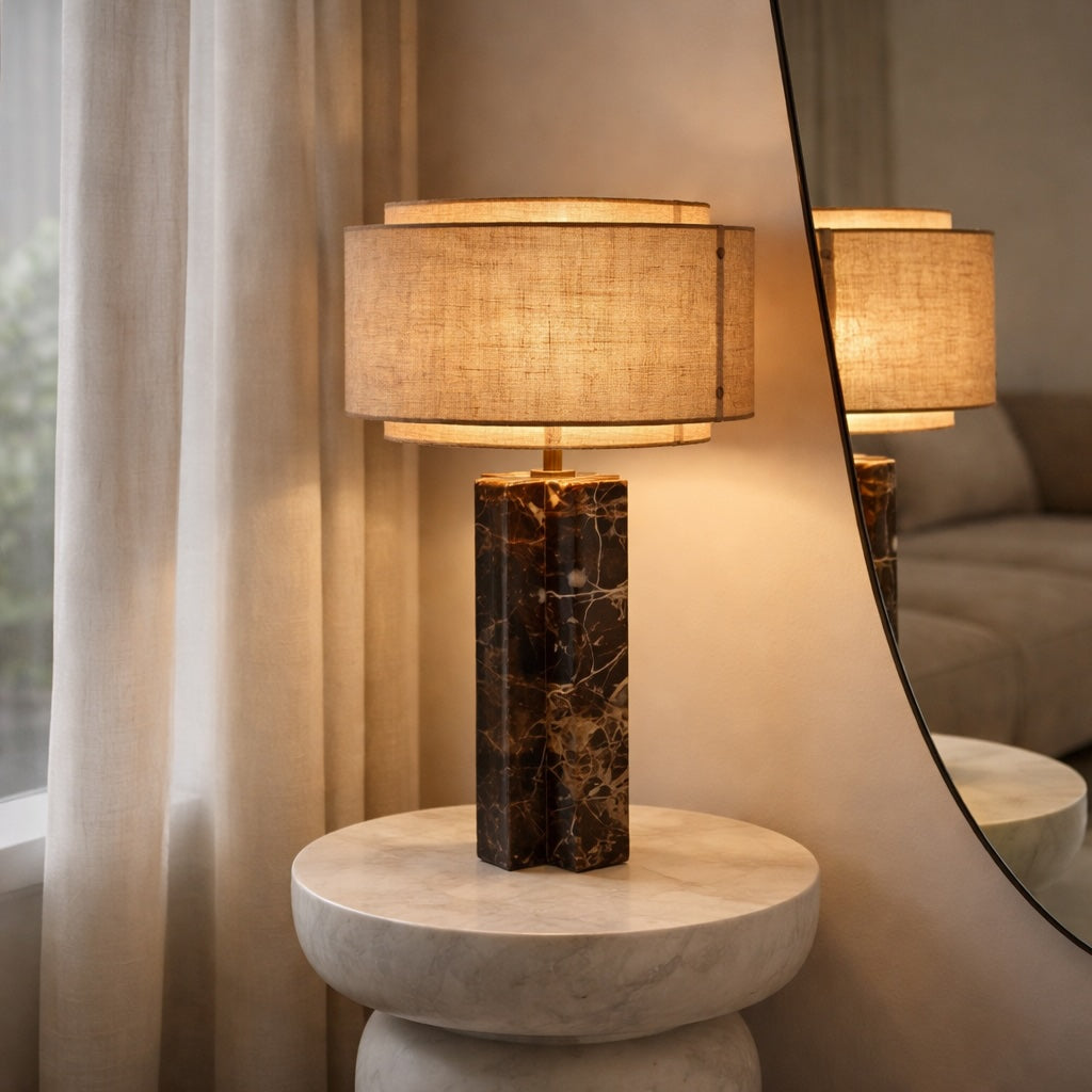 Minimalist Table Lamp with Marble Base Fabric Shade LED 3000K for Bedroom or Living Room