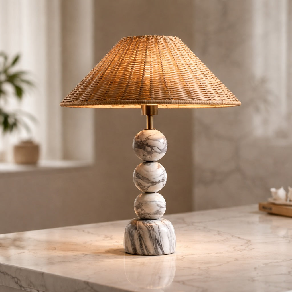 Modern Table Lamp with Marble Base Rattan Shade LED Adjustable Height for Living Room Bedroom