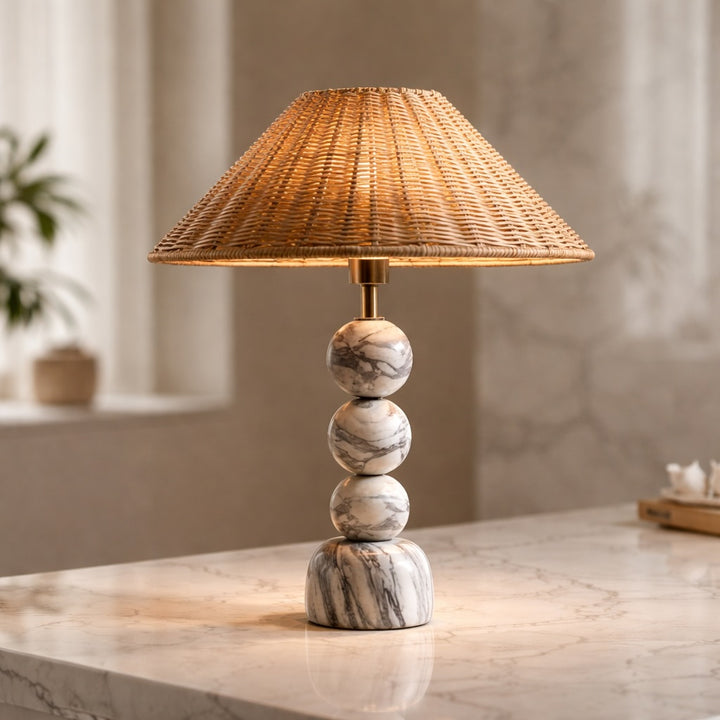 Modern Table Lamp with Marble Base Rattan Shade LED Adjustable Height for Living Room Bedroom