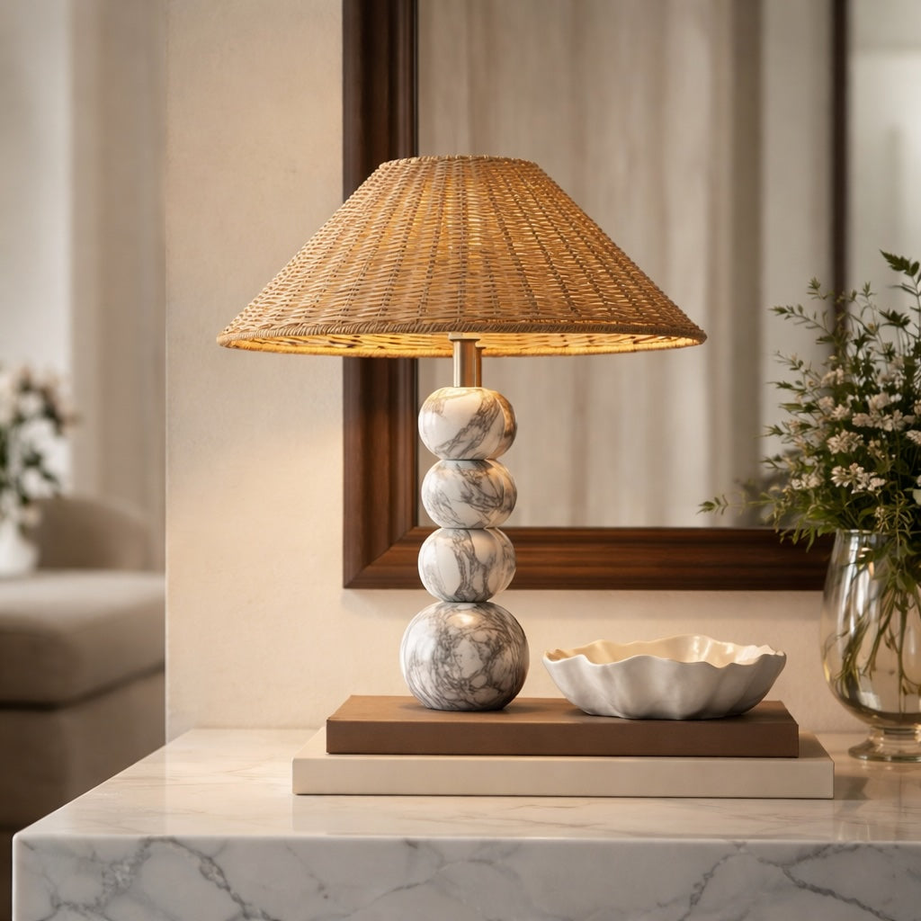 Modern Table Lamp with Marble Base Rattan Shade LED Adjustable Height for Living Room Bedroom