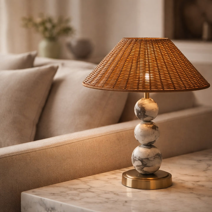 Modern Table Lamp with Marble Base Rattan Shade LED Adjustable Height for Living Room Bedroom