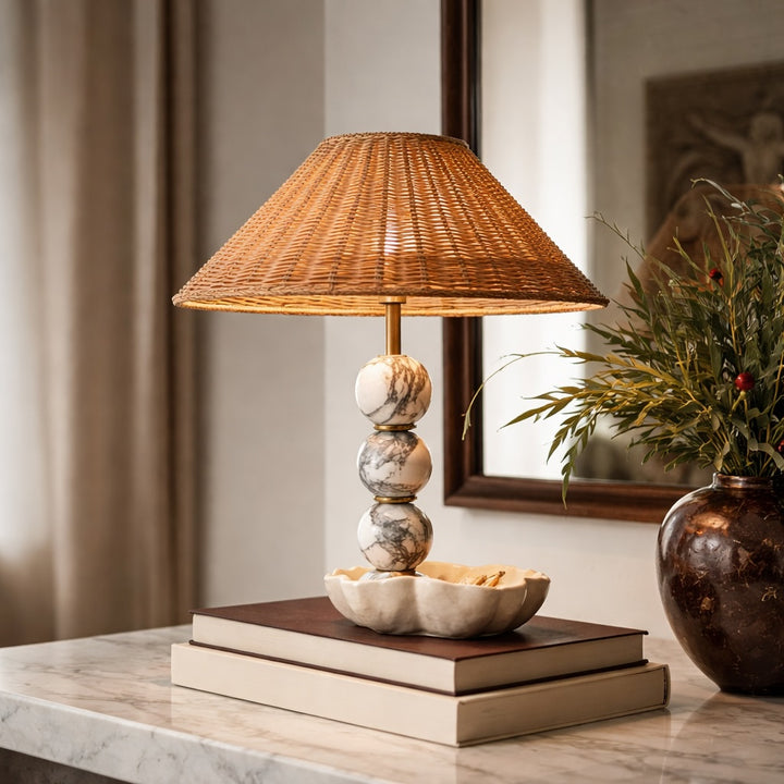 Modern Table Lamp with Marble Base Rattan Shade LED Adjustable Height for Living Room Bedroom