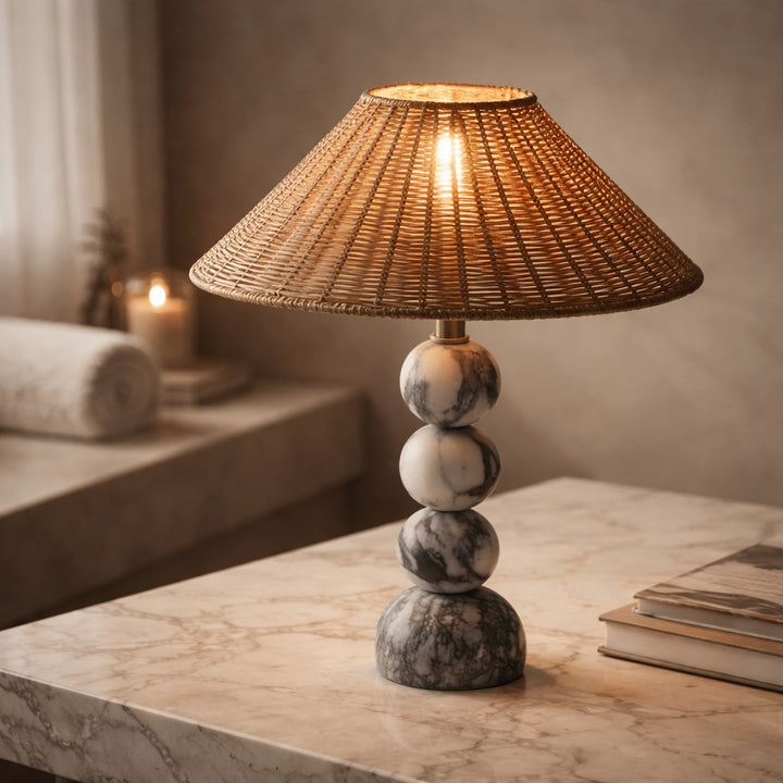 Modern Table Lamp with Marble Base Rattan Shade LED Adjustable Height for Living Room Bedroom