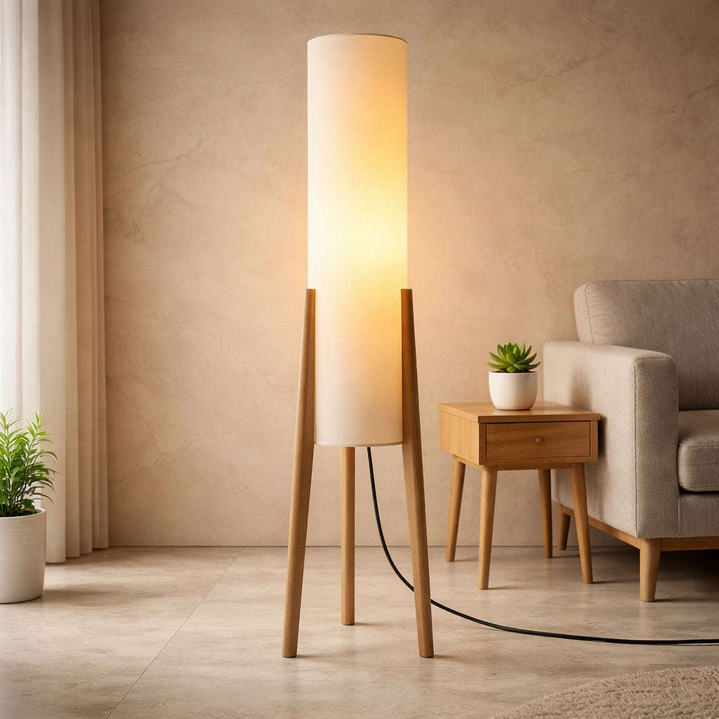 Modern Floor Lamp Standing Adjustable LED Tricolor Natural Wood Base Cloth Shade for Living Room
