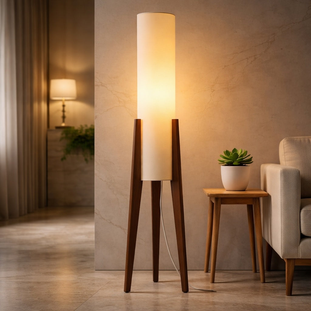 Modern Floor Lamp Standing Adjustable LED Tricolor Natural Wood Base Cloth Shade for Living Room