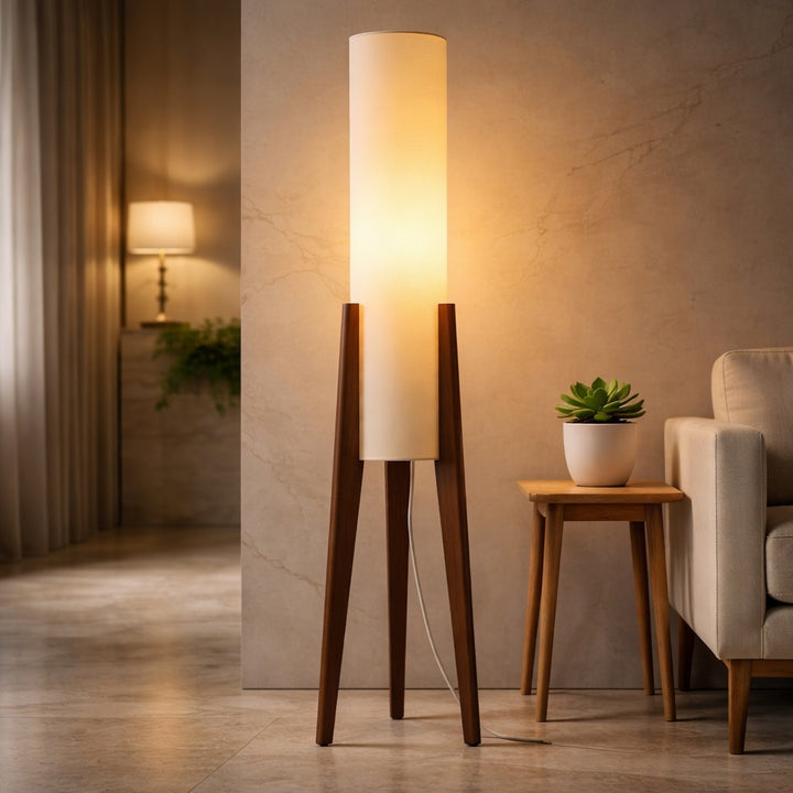 Modern Floor Lamp Standing Adjustable LED Tricolor Natural Wood Base Cloth Shade for Living Room