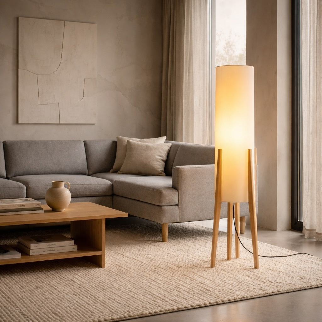 Modern Floor Lamp Standing Adjustable LED Tricolor Natural Wood Base Cloth Shade for Living Room