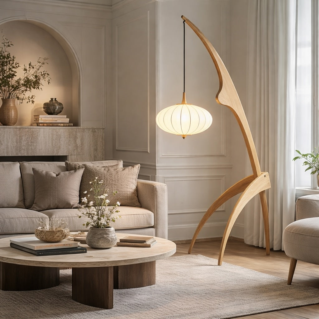 Modern Tripod Floor Lamp Solid Wood Base Fabric Shade Adjustable Height LED Lighting