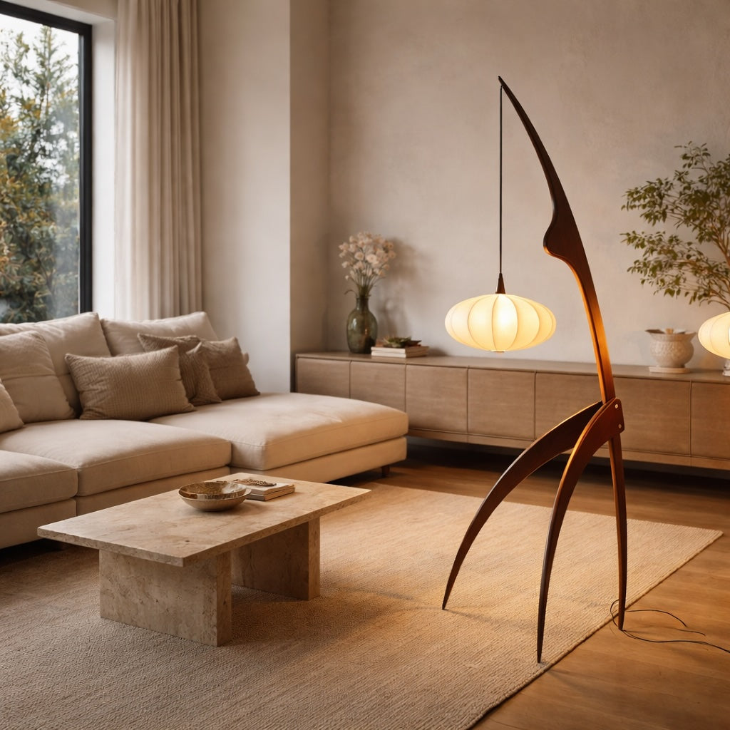 Modern Tripod Floor Lamp Solid Wood Base Fabric Shade Adjustable Height LED Lighting