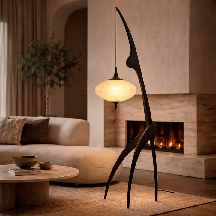 Modern Tripod Floor Lamp Solid Wood Base Fabric Shade Adjustable Height LED Lighting