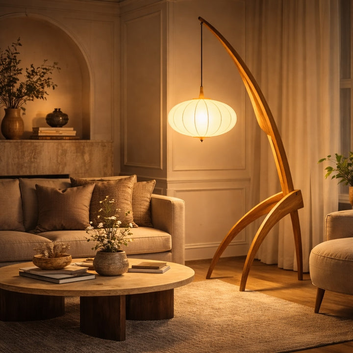 Modern Tripod Floor Lamp Solid Wood Base Fabric Shade Adjustable Height LED Lighting
