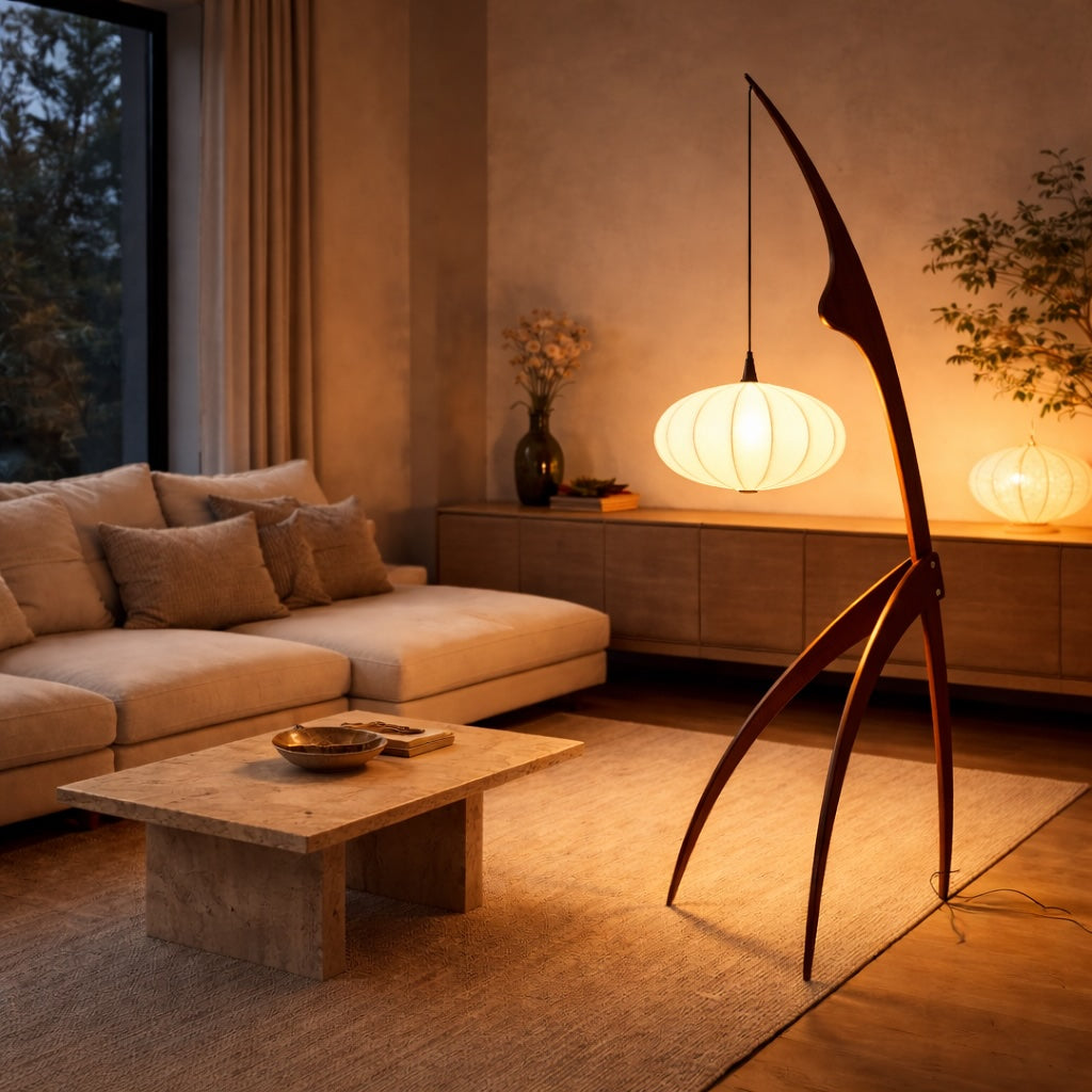 Modern Tripod Floor Lamp Solid Wood Base Fabric Shade Adjustable Height LED Lighting