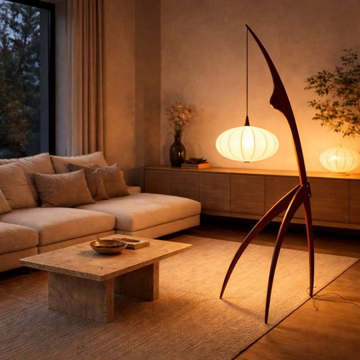 Modern Tripod Floor Lamp Solid Wood Base Fabric Shade Adjustable Height LED Lighting