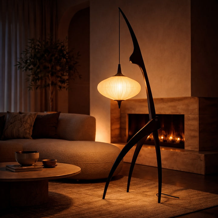 Modern Tripod Floor Lamp Solid Wood Base Fabric Shade Adjustable Height LED Lighting
