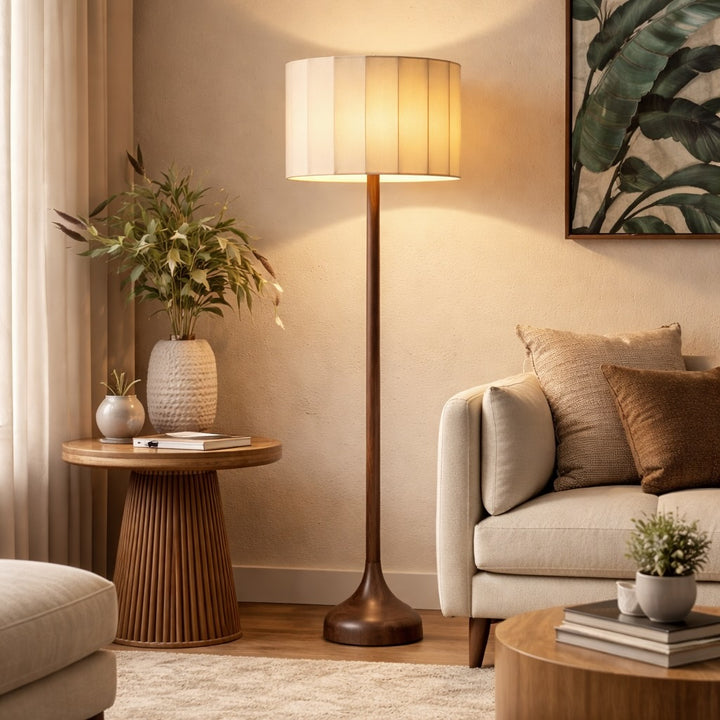 Modern Floor Lamp Tall Slim Design Ash Wood with Fabric Shade for Soft Lighting in Living Room