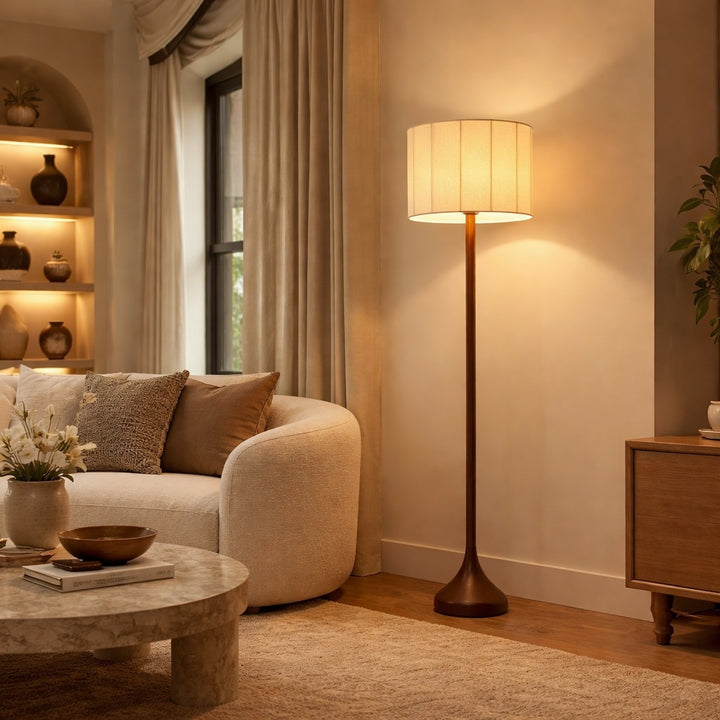 Modern Floor Lamp Tall Slim Design Ash Wood with Fabric Shade for Soft Lighting in Living Room