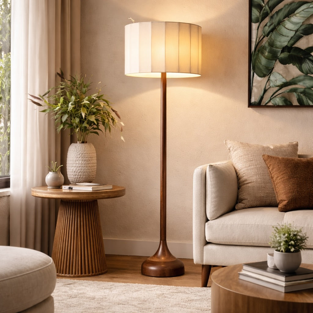 Modern Floor Lamp Tall Slim Design Ash Wood with Fabric Shade for Soft Lighting in Living Room