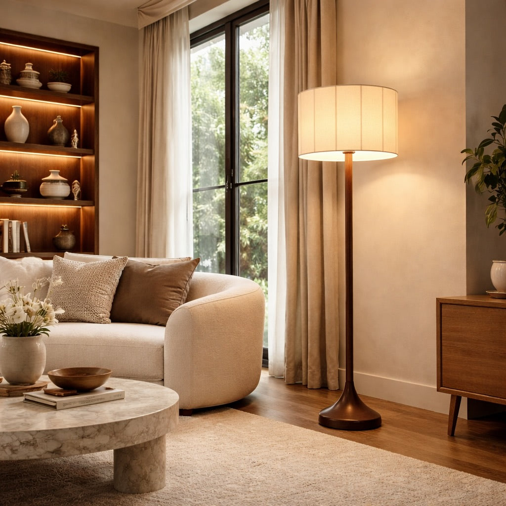Modern Floor Lamp Tall Slim Design Ash Wood with Fabric Shade for Soft Lighting in Living Room