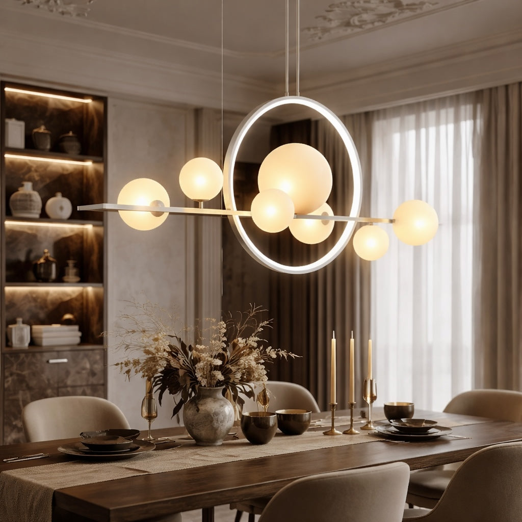 Modern Chandelier Light Adjustable Hanging Iron with Dimmable LED and Customizable Glass Globes