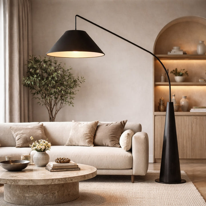 Modern Floor Lamp with Curved Metal Frame and Fabric Shade for Soft LED Lighting