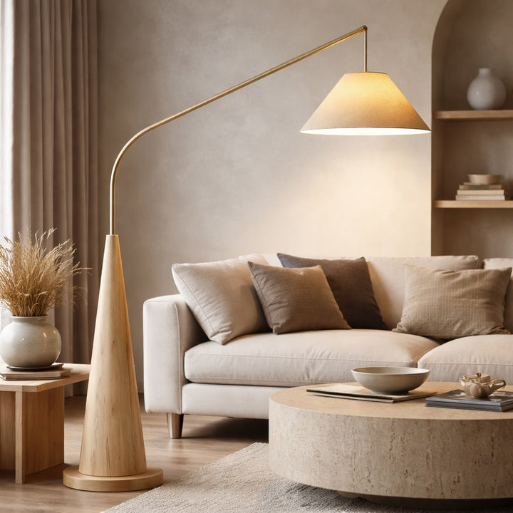 Modern Floor Lamp with Curved Metal Frame and Fabric Shade for Soft LED Lighting