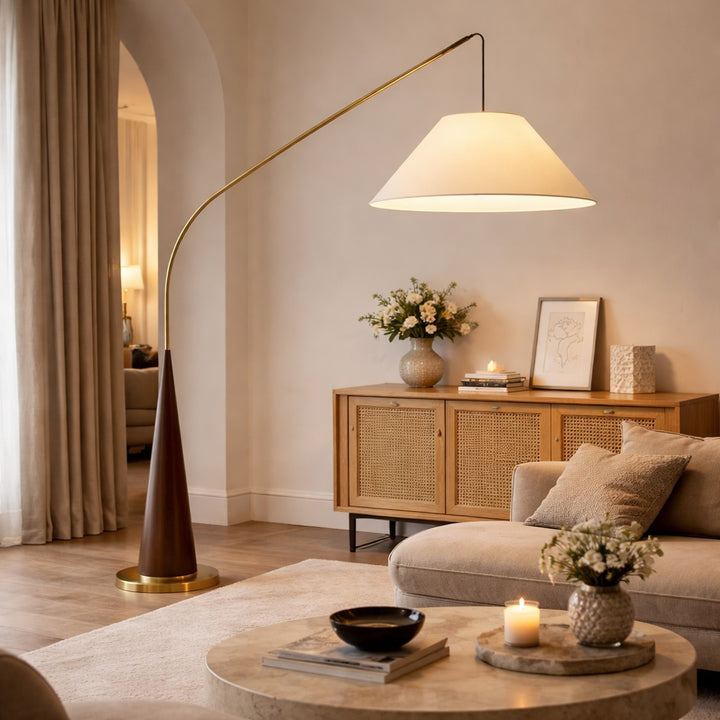 Modern Floor Lamp with Curved Metal Frame and Fabric Shade for Soft LED Lighting
