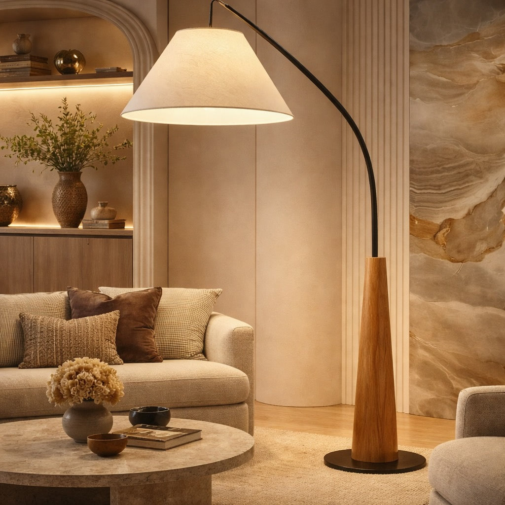 Modern Floor Lamp with Curved Metal Frame and Fabric Shade for Soft LED Lighting