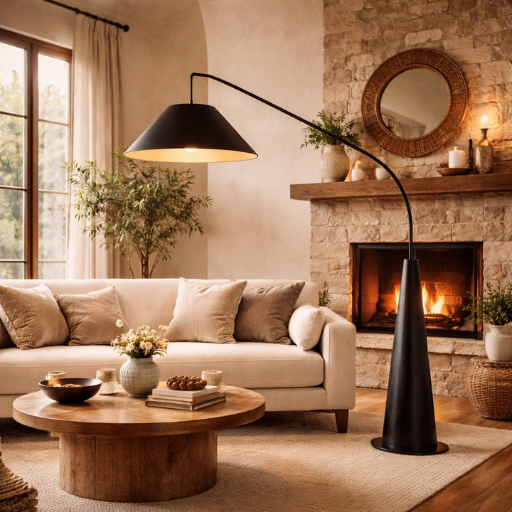Modern Floor Lamp with Curved Metal Frame and Fabric Shade for Soft LED Lighting
