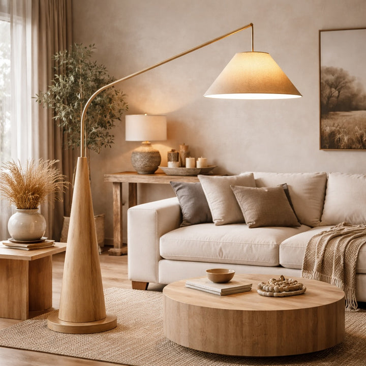 Modern Floor Lamp with Curved Metal Frame and Fabric Shade for Soft LED Lighting
