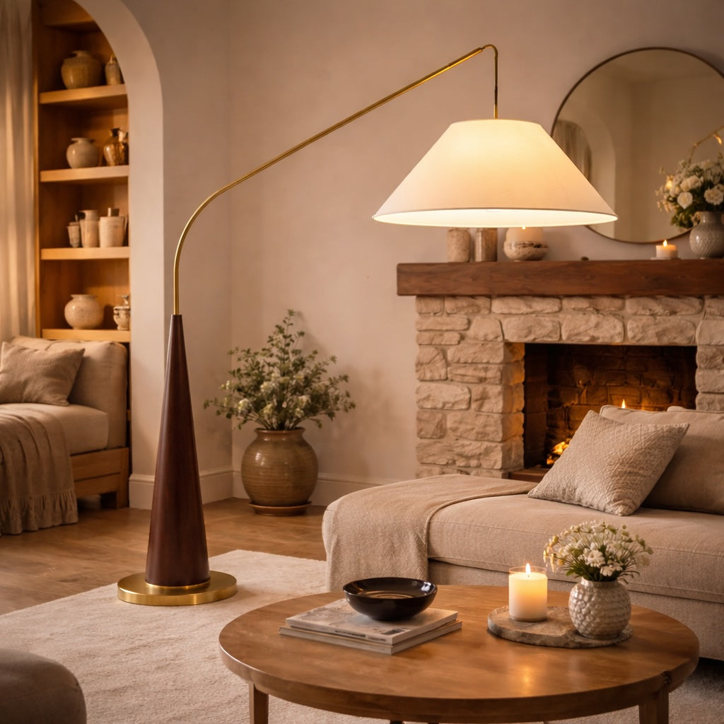 Modern Floor Lamp with Curved Metal Frame and Fabric Shade for Soft LED Lighting