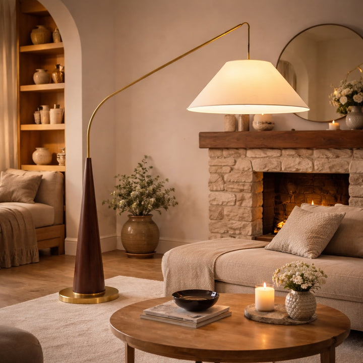 Modern Floor Lamp with Curved Metal Frame and Fabric Shade for Soft LED Lighting