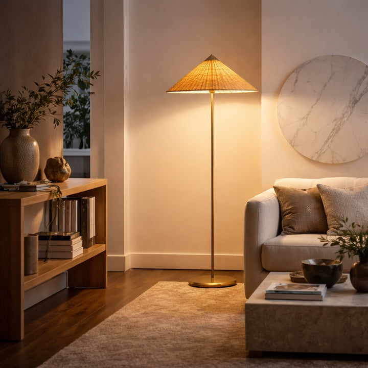 Vintage Rattan Floor Lamp Standing Design with E26 LED Compatibility for Cozy Living Room Lighting