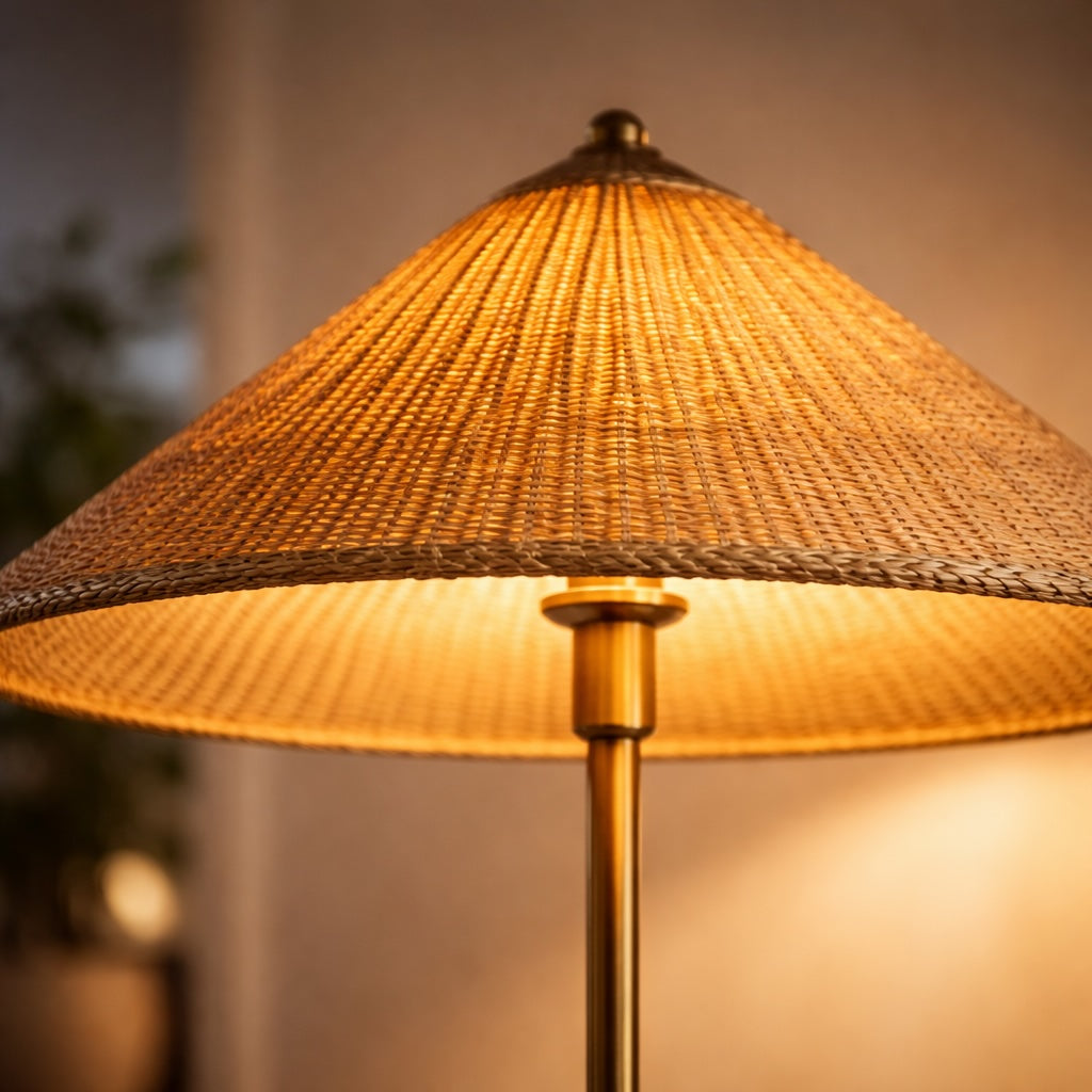 Vintage Rattan Floor Lamp Standing Design with E26 LED Compatibility for Cozy Living Room Lighting