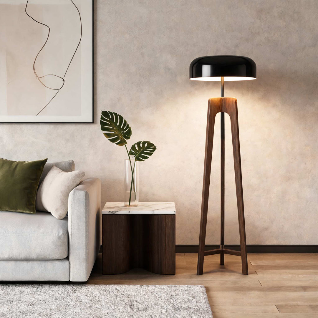 Contemporary Floor Lamp and Table Lamp with Walnut Wood Base and Black Metal Shade for LED Bulbs