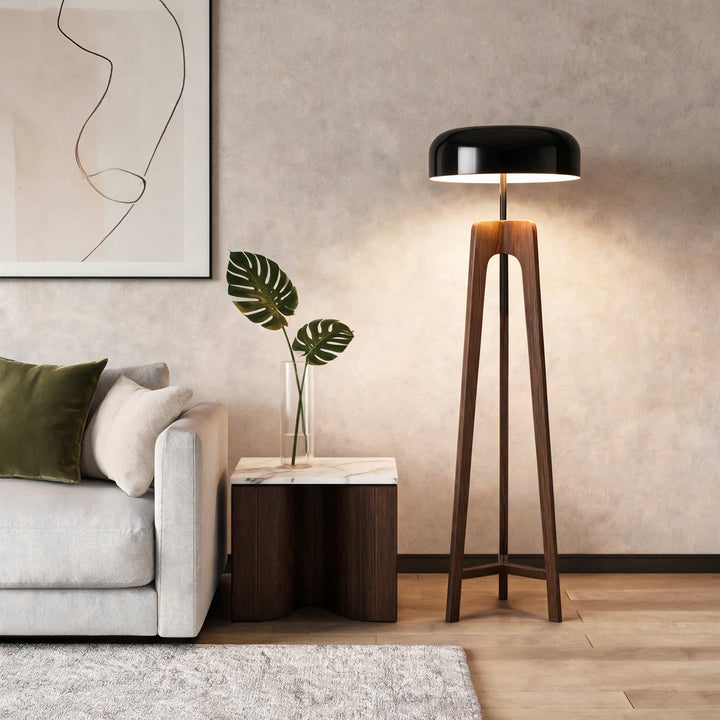 Contemporary Floor Lamp and Table Lamp with Walnut Wood Base and Black Metal Shade for LED Bulbs