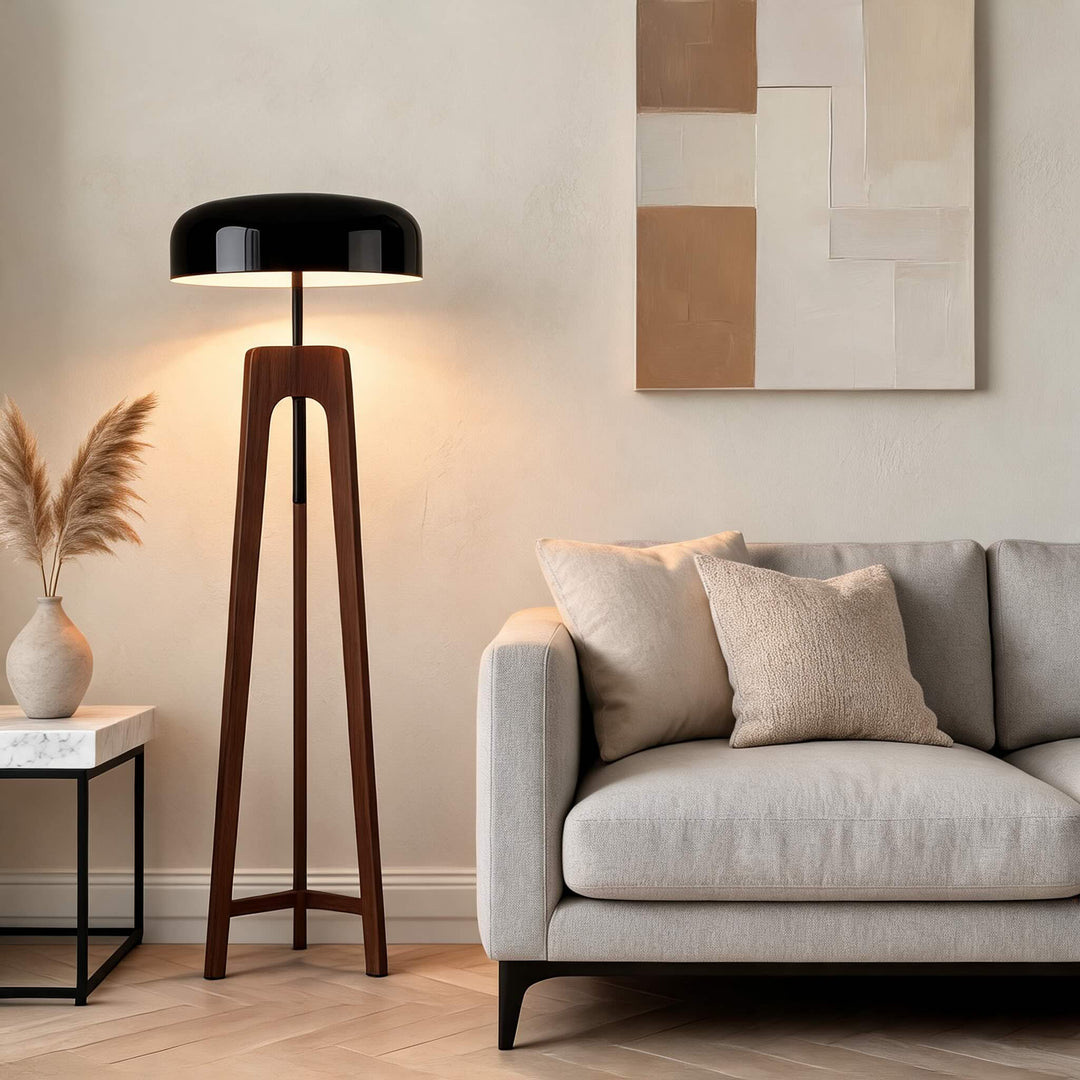 Contemporary Floor Lamp and Table Lamp with Walnut Wood Base and Black Metal Shade for LED Bulbs