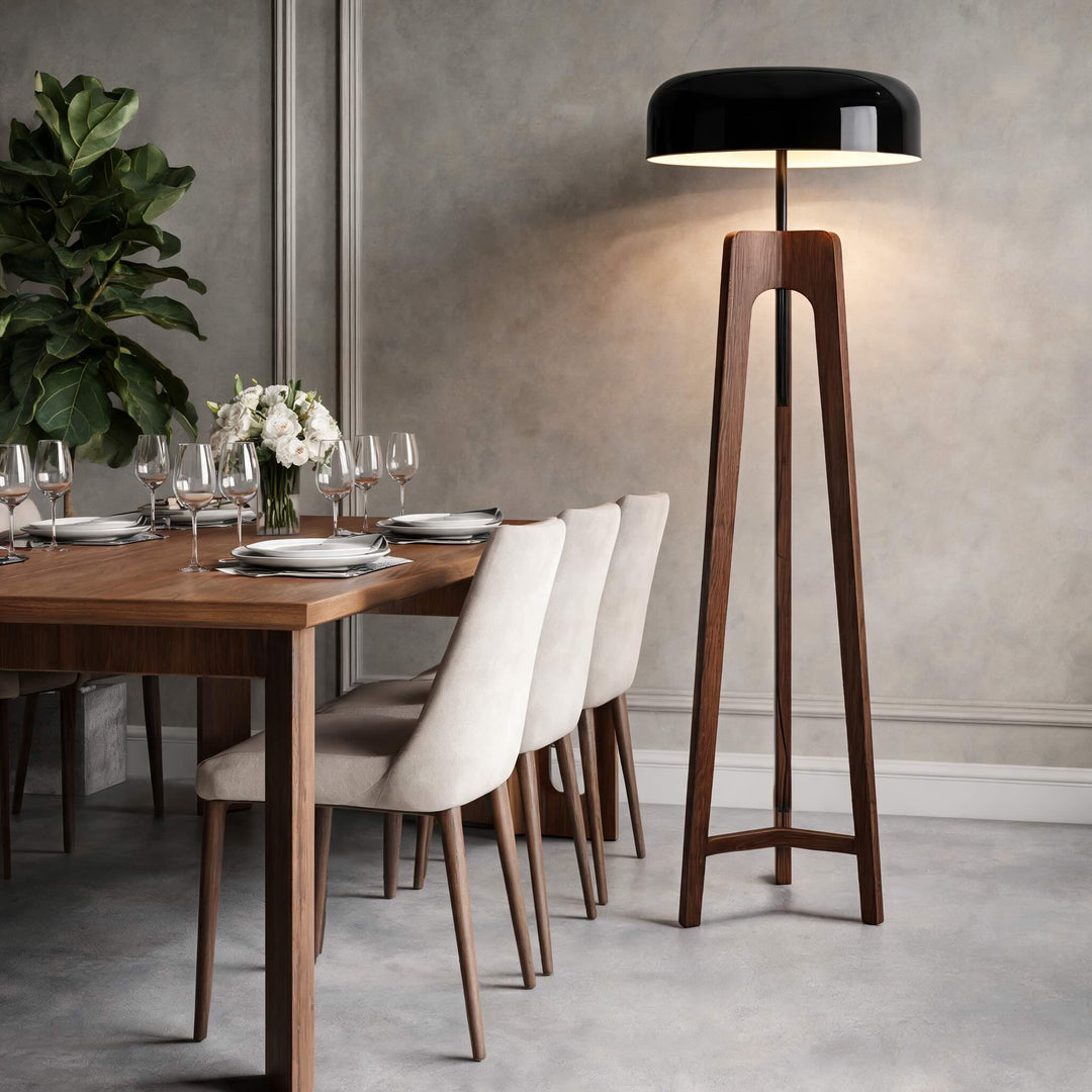 Contemporary Floor Lamp and Table Lamp with Walnut Wood Base and Black Metal Shade for LED Bulbs