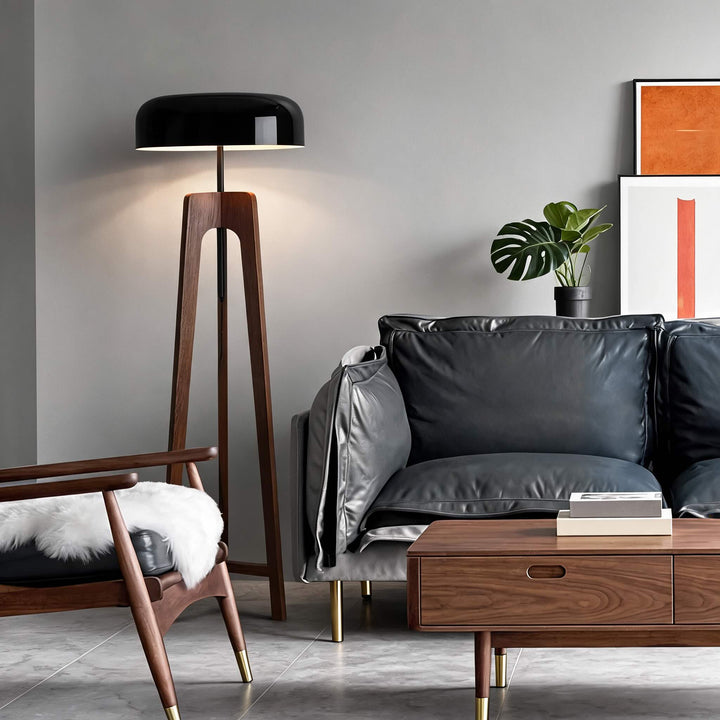 Contemporary Floor Lamp and Table Lamp with Walnut Wood Base and Black Metal Shade for LED Bulbs