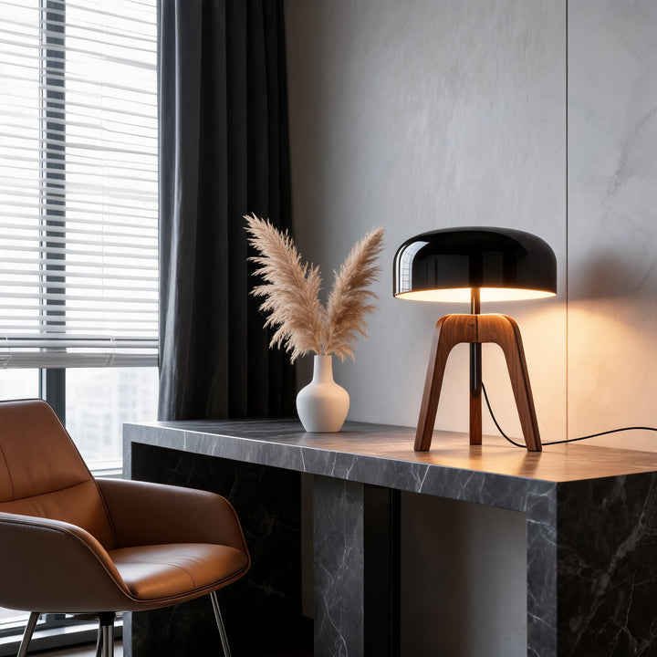 Contemporary Floor Lamp and Table Lamp with Walnut Wood Base and Black Metal Shade for LED Bulbs