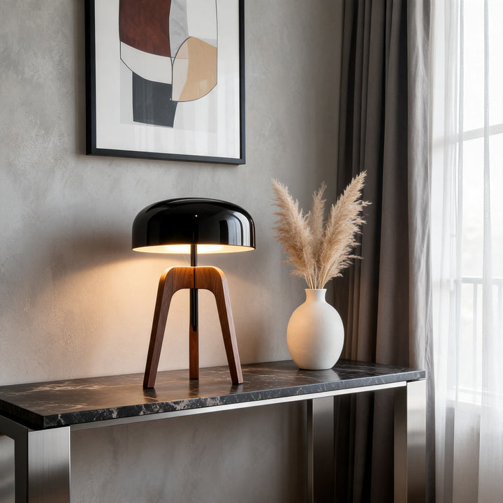 Contemporary Floor Lamp and Table Lamp with Walnut Wood Base and Black Metal Shade for LED Bulbs